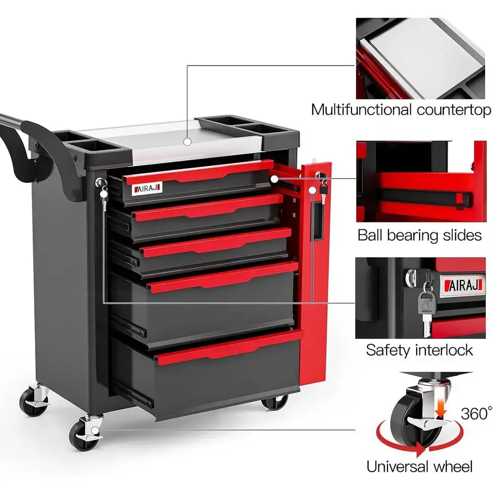 5 Drawer Rolling Tool Chest with Side Cabinet, Lockable, Garage Storage, Safety Rounded Edges, Red from PriceLows™