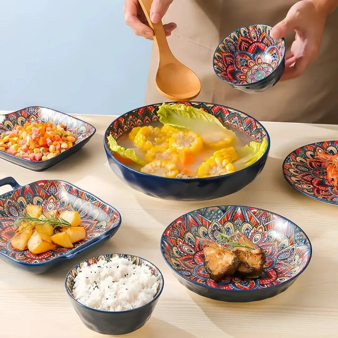 Bohemian ceramic dishes and cutlery 8-piece set household good-looking rice bowl double-ear soup basin exquisite noodle bowl from PriceLows™