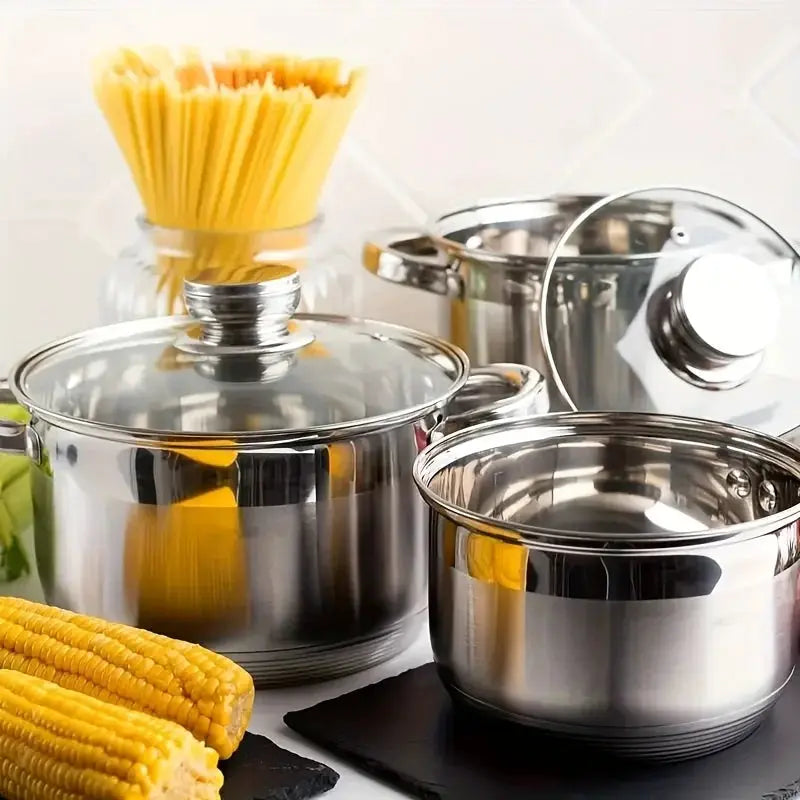 12pcs Stainless Steel Kitchen Cookware Set, (6Pots+6Lids) Cookware Set with Handles And Lids, Includes Different Sizes of Stockpots with Frying Pans, Dishwasher Safe, Easy to Clean, Durable And Heat Resistant, Silver Handle from PriceLows™