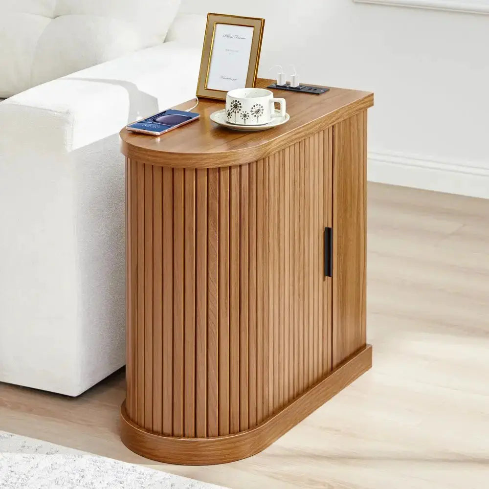 End Table, Narrow Side Table, Skinny Nightstand with Charging Station, MidCentury Modern Curved Fluted Bedside Table with Door from PriceLows™