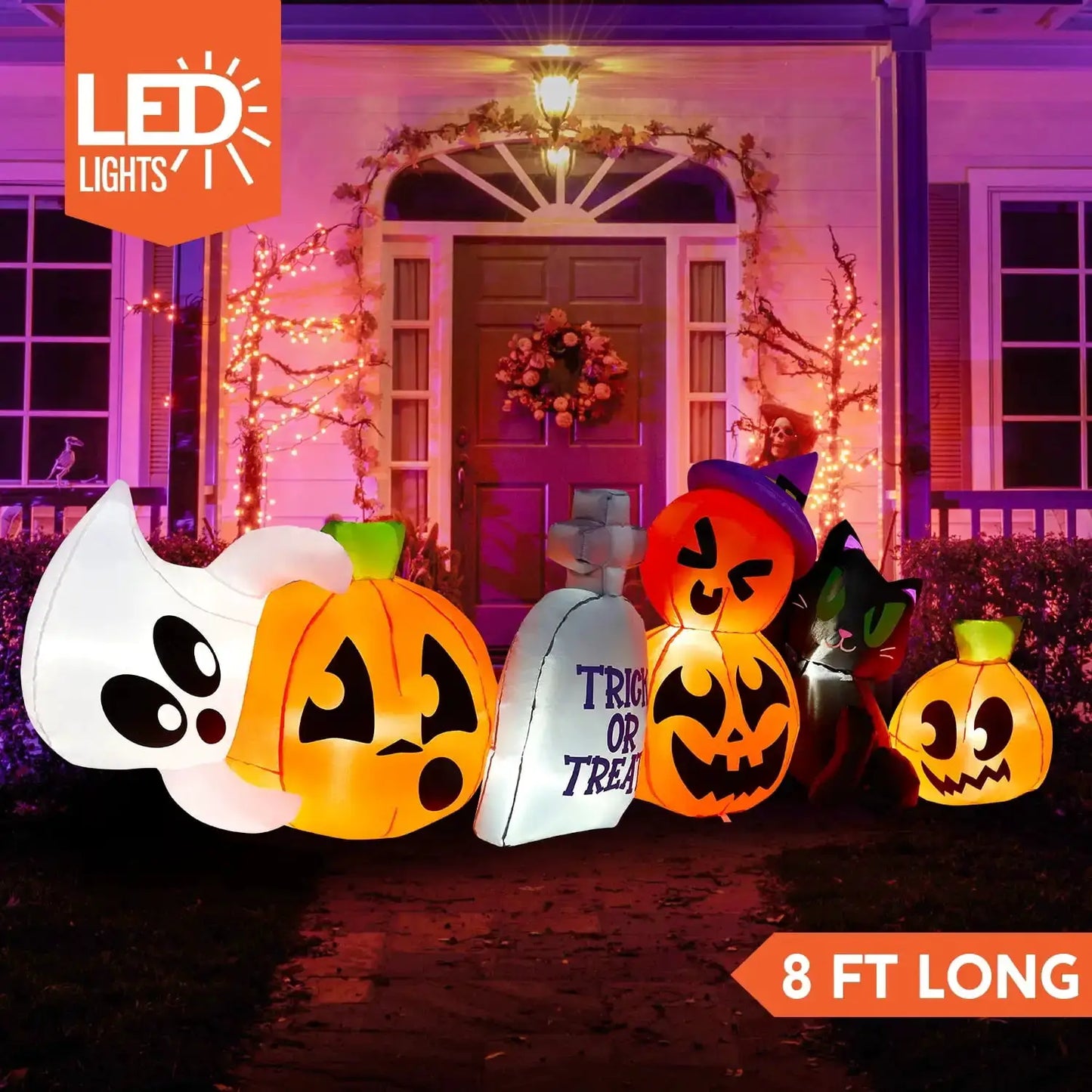 Joyfy 8 ft Halloween Inflatables Characters Long Light Up Pumpkin Ghost Cat Tombstone Halloween Blow up Yard Decorations from PriceLows™