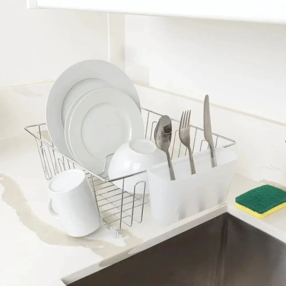 Small Wire Dish Rack Kitchen Organizer with Cutlery Cup Compact Dish Drainer Stainless Steel Countertop Drying and Storage from PriceLows™