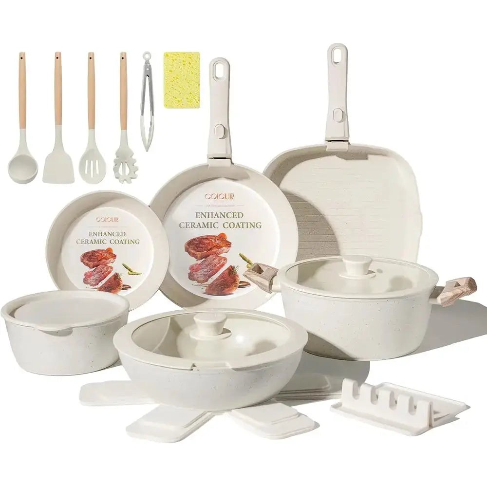 Non-Toxic Detachable Handle Cookware Set, Space-Saving Induction Pots and Pans, Oven & Dishwasher Safe, Cream White from PriceLows™