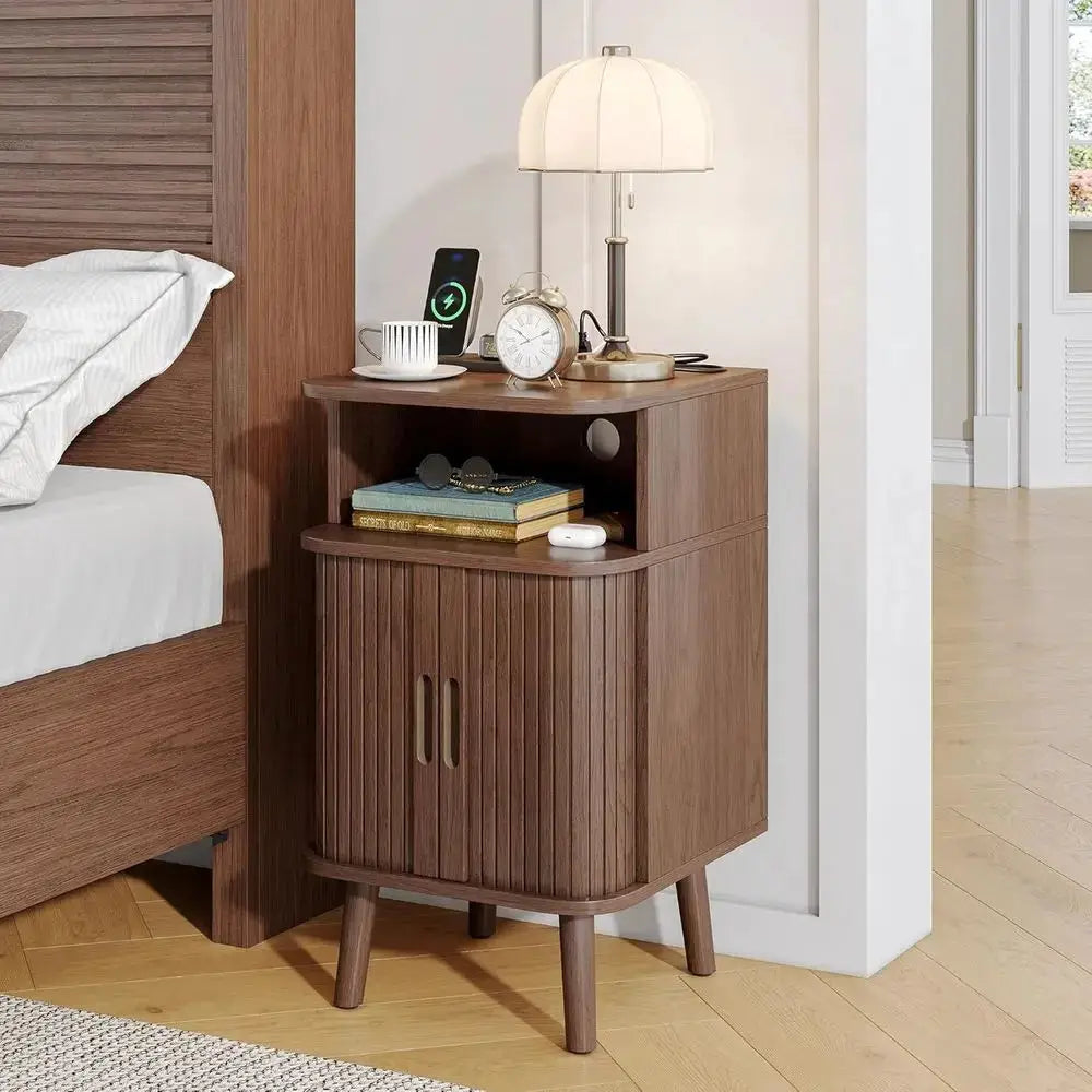 2-Piece Nightstand Set with Charging Station, Modern Walnut End Tables, Curved Edge Wood Side Table from PriceLows™