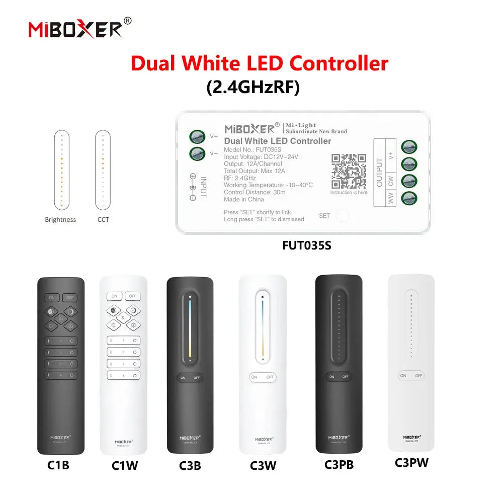 MiBoxer DC12~24V FUT035S+C1 C3 C3P 2.4GHzRF Wireless Dual White 12A/Channel LED Controller For CCT COB/Led Strip Light from PriceLows™