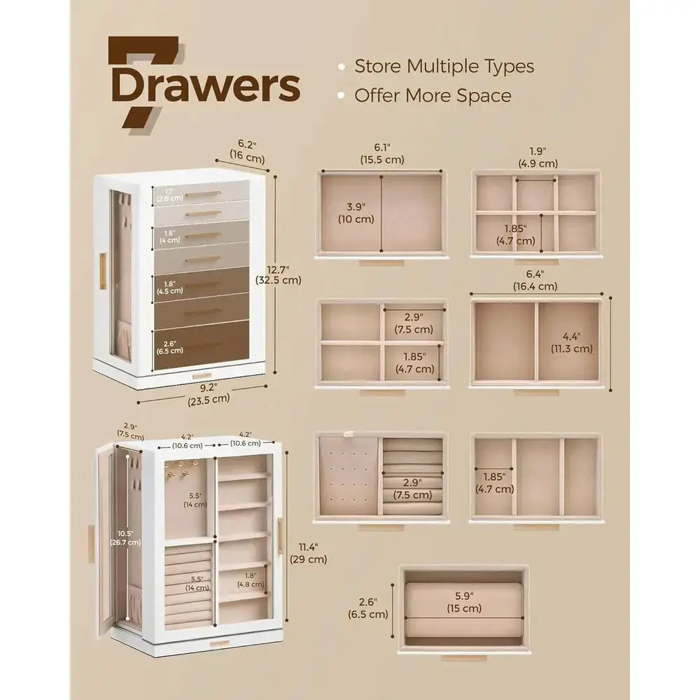 Spacious 7-Drawer Jewelry Box with Glass Lid, White, Dustproof & Moisture-Resistant from PriceLows™