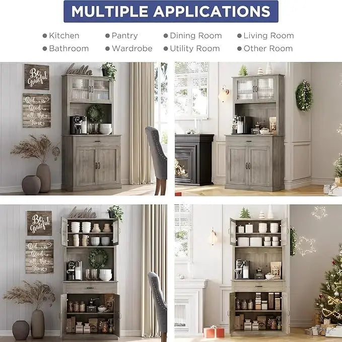 Kitchen Pantry Cabinet, 71 in Tall Kitchen Hutch Storage Cabinet with Microwave Stand, Freestanding Buffet Glass Doors for Dinin from PriceLows™