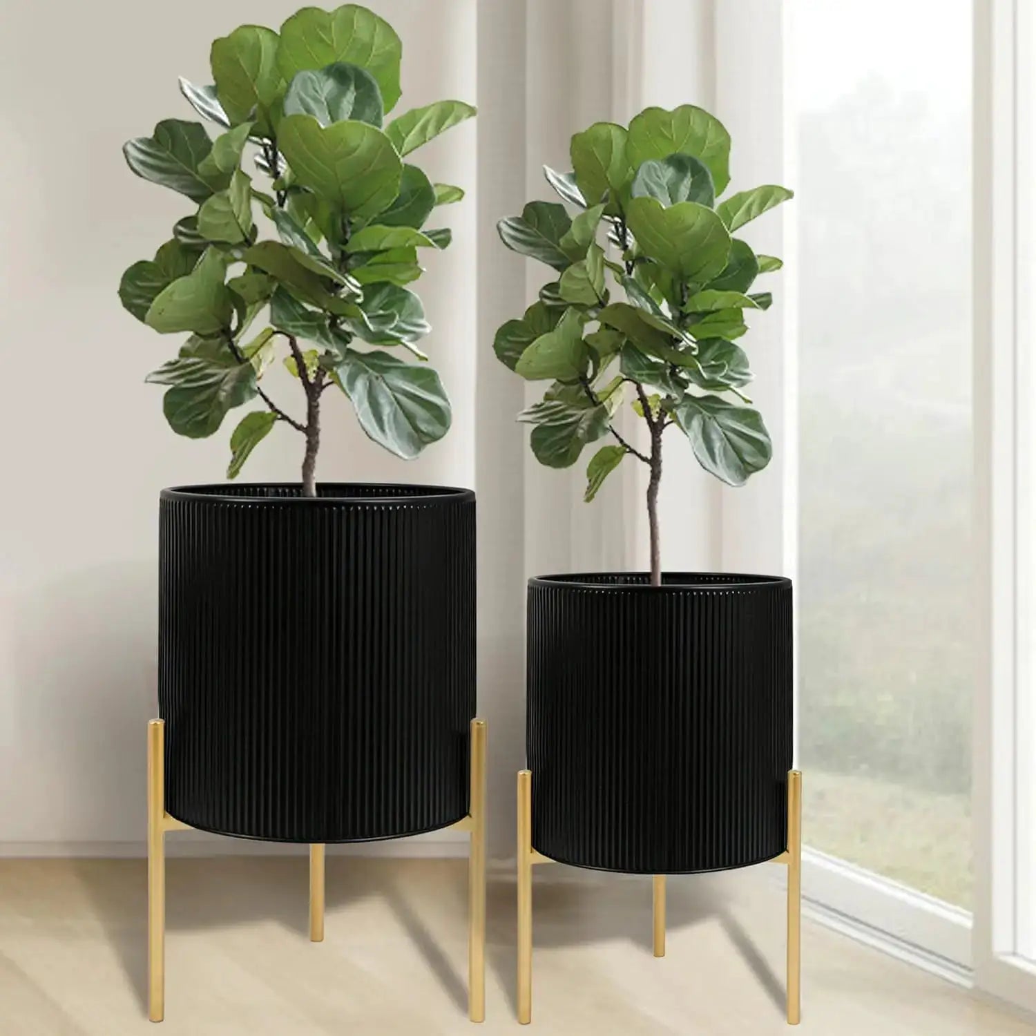 Modern Plant Pots, Set of 2 Round Large Planters with Stand, Large Size Metal Pots with Drainage Holes for Living Room, from PriceLows™