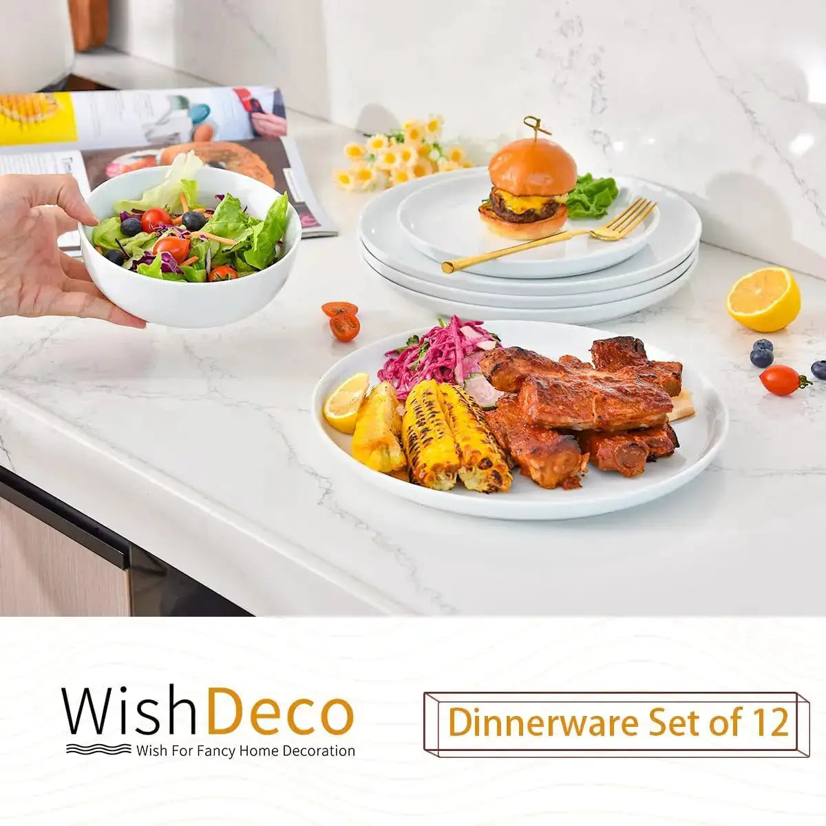Plates and Bowls Sets, 12 Pieces Dinnerware Sets, Ceramic Dishes Set for 4, White Kitchen Dishware Set, Microwave and Di from PriceLows™