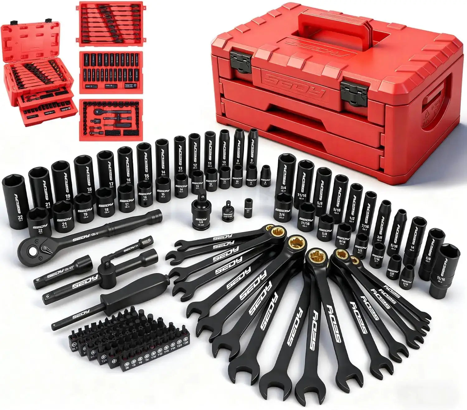 132-Piece Mechanics Tool Set, SAE/Metric 1/4" & 3/8" Drive Socket Set, Ratcheting Wrenches, Extensions & Adapters, Quick-Release Ratchet, Professional Auto Repair Kit with Case from PriceLows™
