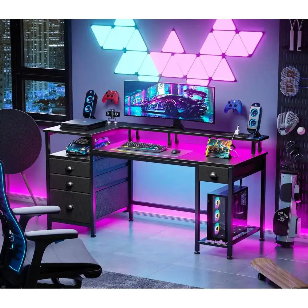 60" Black Computer Desk with 4 Drawers and Printer Space, Gaming Desk with LED Lights and USB Power Outlets, Home Office Desk wi from PriceLows™