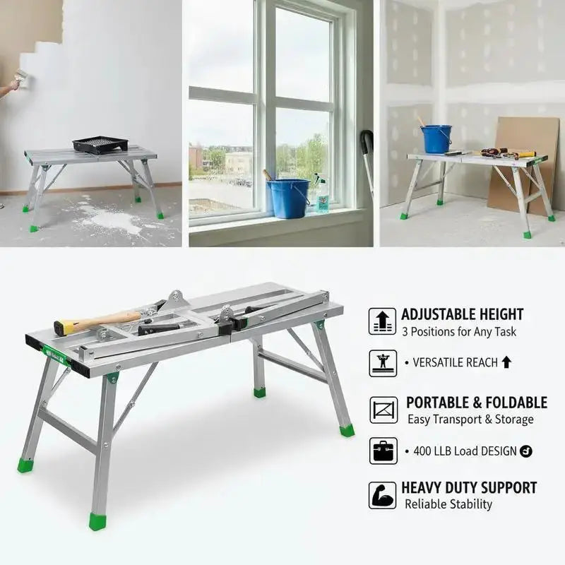 Work Platform, 3 Gear Adjustable Height, Folding Alloy Steel Step Ladder, Portable Scaffolding Platform, 400 lb Load Capacity, Non-Slip Rubber Feet, Drywall Painting Stool, for Cleaning &Washing from PriceLows™