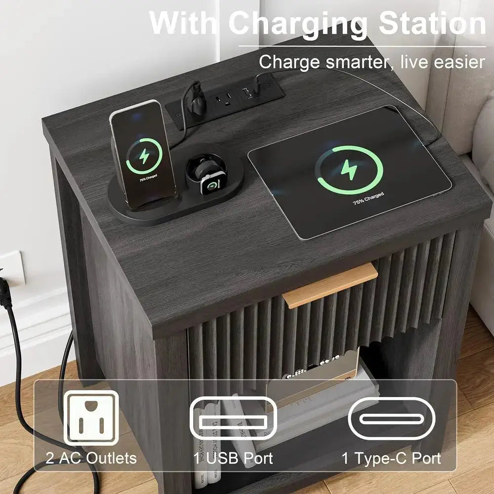 2-Piece Grey Charging Station Nightstands with Storage for Bedroom from PriceLows™