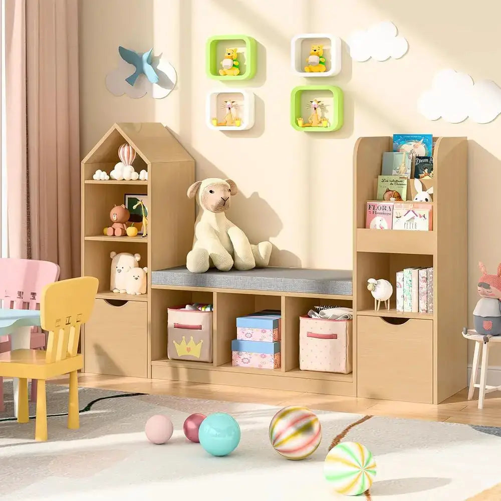Children's Bookshelf with Reading Nook, Storage Organizer, Seat Cushion, 2 Movable Desks, 7 Storage Cubbies, Suitable for Playro from PriceLows™