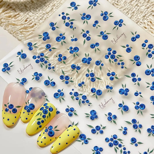 5D Hand Painted Nail Sticker Pastoral Blueberry Green Leaves Summer Fresh Style Self-adhesive Nail Decals Fruit Floral Manicure from PriceLows™