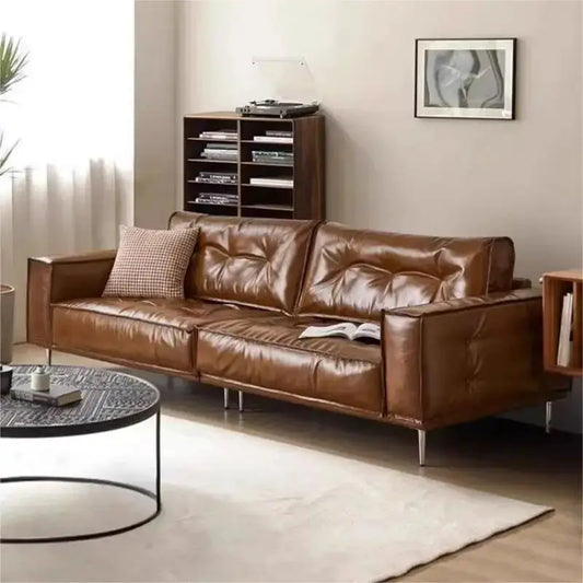French Retro Oil Wax Leather Sofa, Top Grain Cowhide, Mid-Century Tofu Block Straight Sofa for Small Living Room from PriceLows™