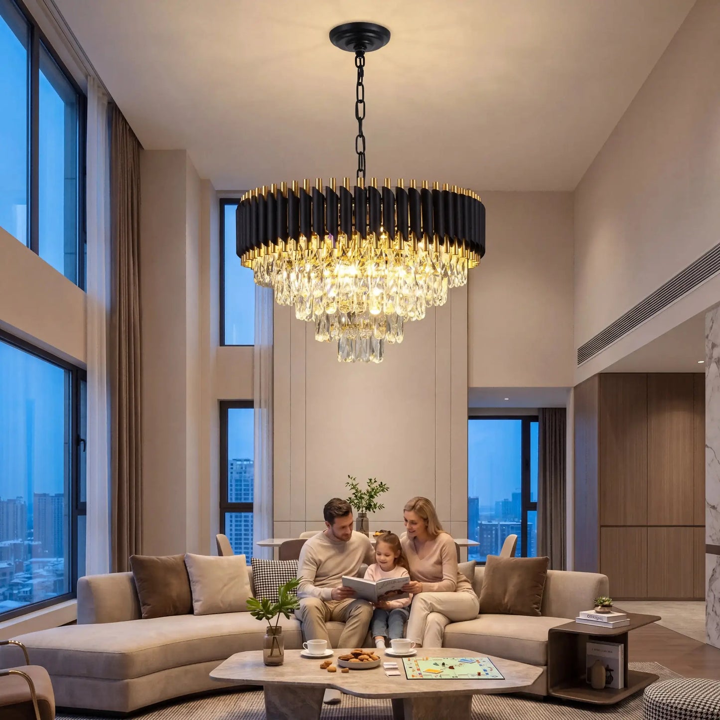 Modern Black & Gold Crystal Chandelier, Dimmable 5-Tier Round K9 Crystal Chandelier for Kitchen Island/Living Room/Bedroom from PriceLows™