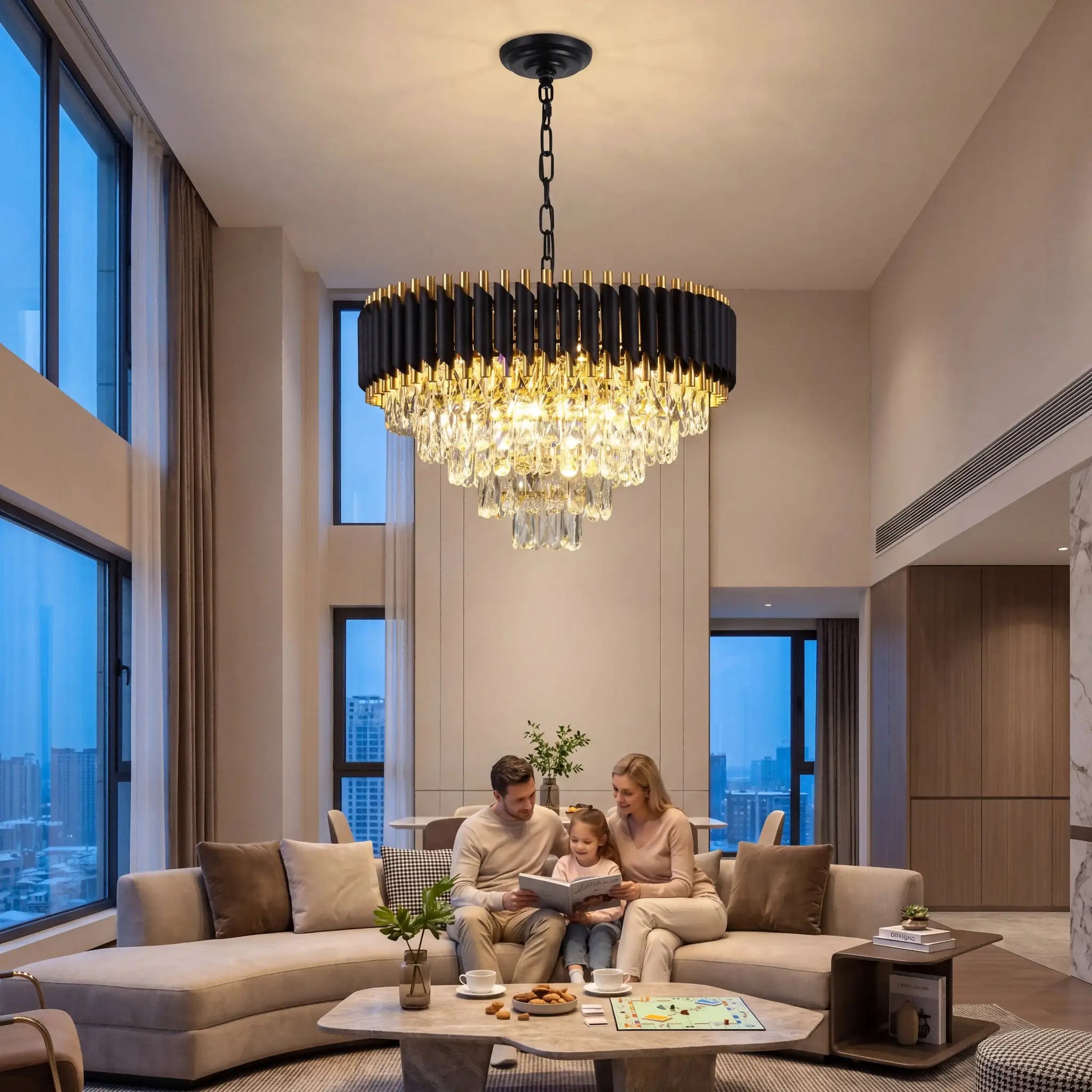 Modern Black & Gold Crystal Chandelier, Dimmable 5-Tier Round K9 Crystal Chandelier for Kitchen Island/Living Room/Bedroom from PriceLows™