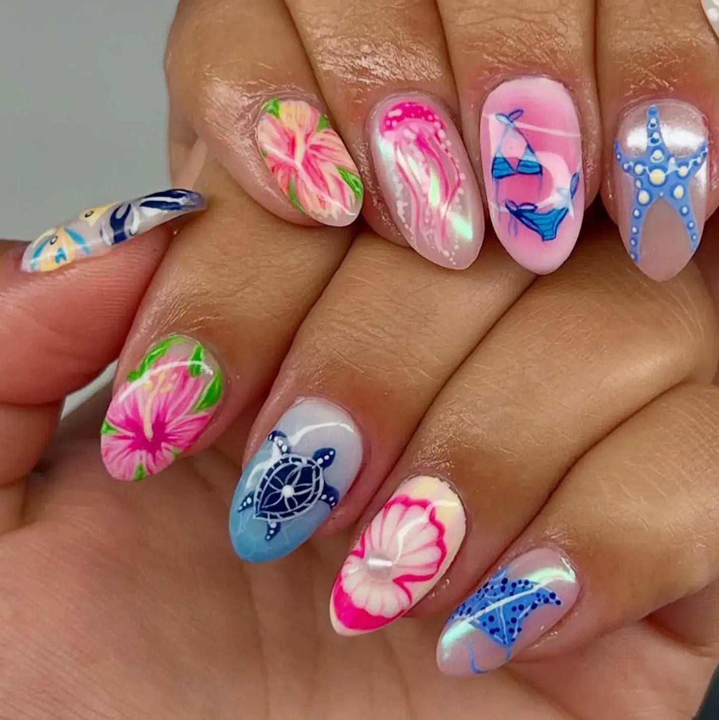 Press On Nails | Almond Shape | Green Lotus Frog Design | 24 Piece Kit