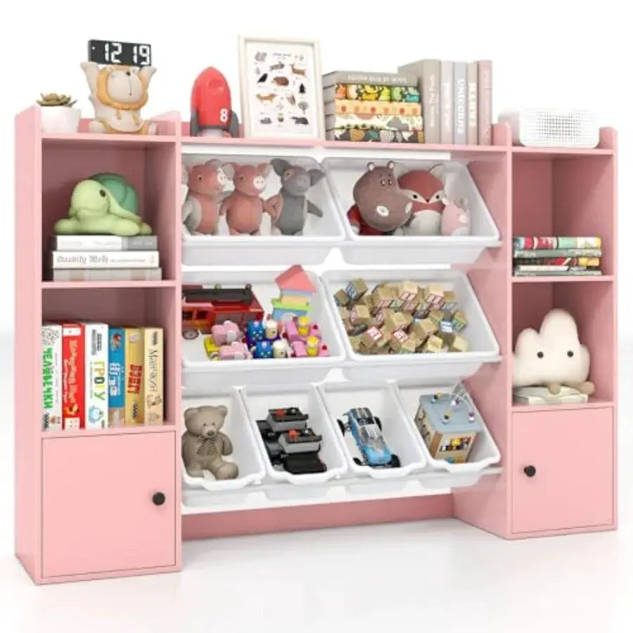 Toy Storage Organizer with 8 Bins Wooden Toddler Bookcase with Open Shelves Cabinet in Natural Wood Color Multifunctional Toy S from PriceLows™