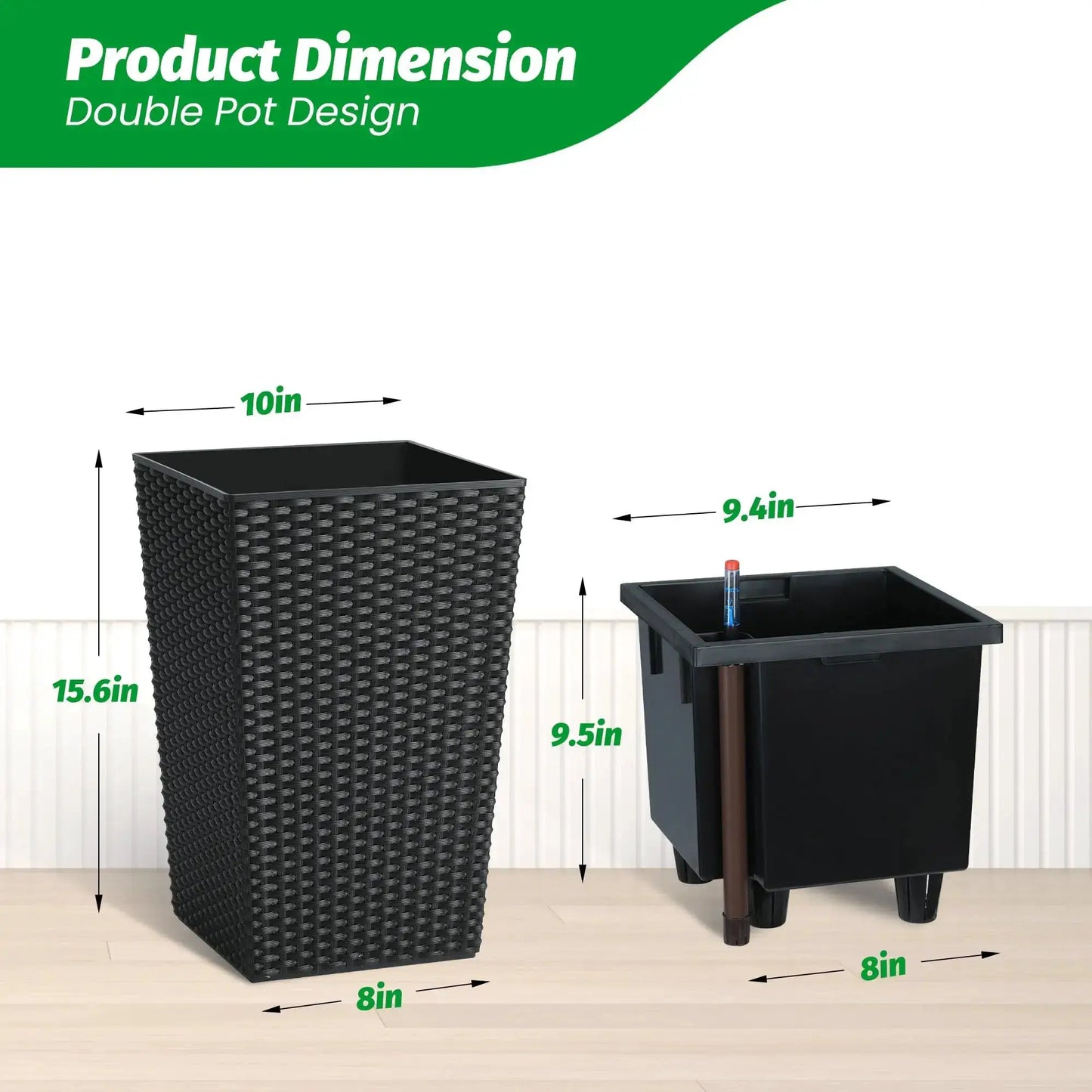 Set of 2 Black Tall Planters Self Watering Planter with Water Level Monitor, Trays 360° Wheels Standing Planter Pots from PriceLows™
