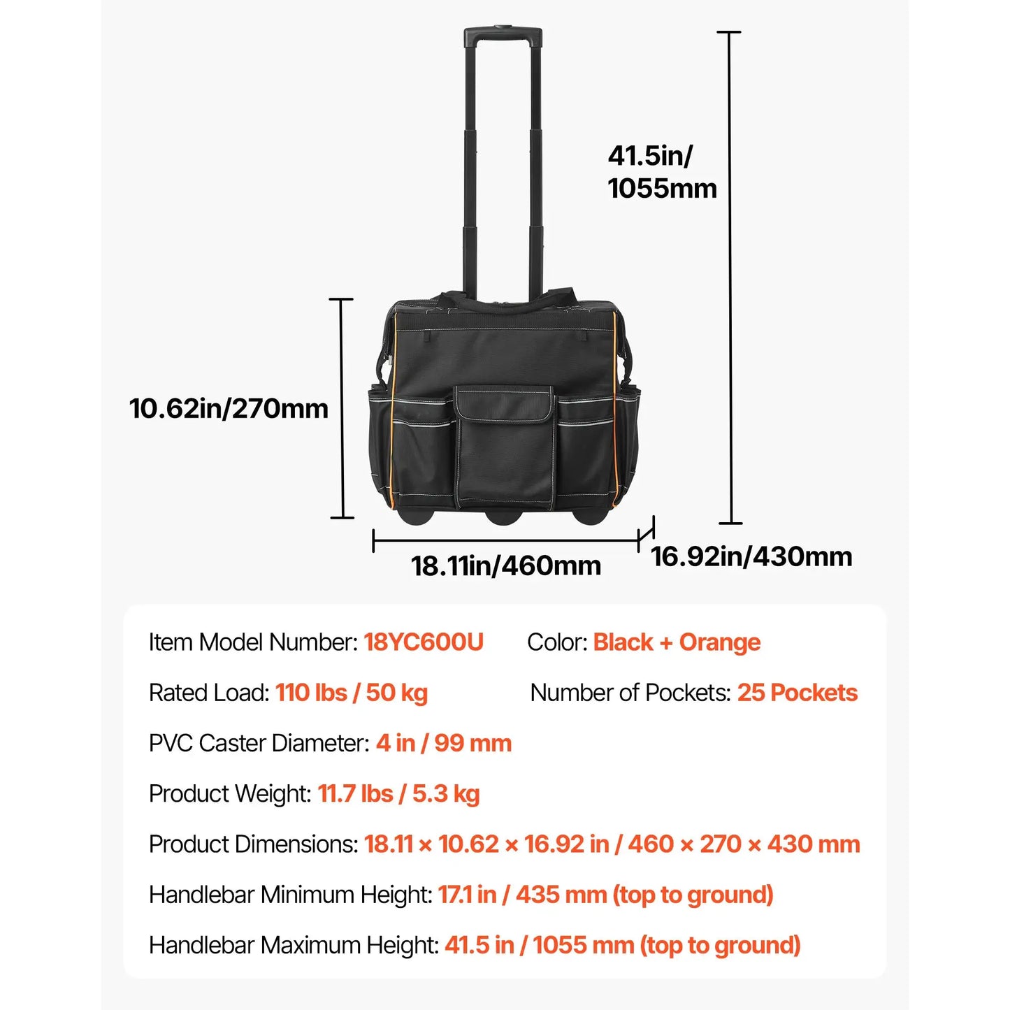 SucceBuy 110Lbs Rolling Tool Bag 25 Pockets Roller Tool Bag on Wheels with Telescoping Handle Toolbag Organizers for Mechanic from PriceLows™