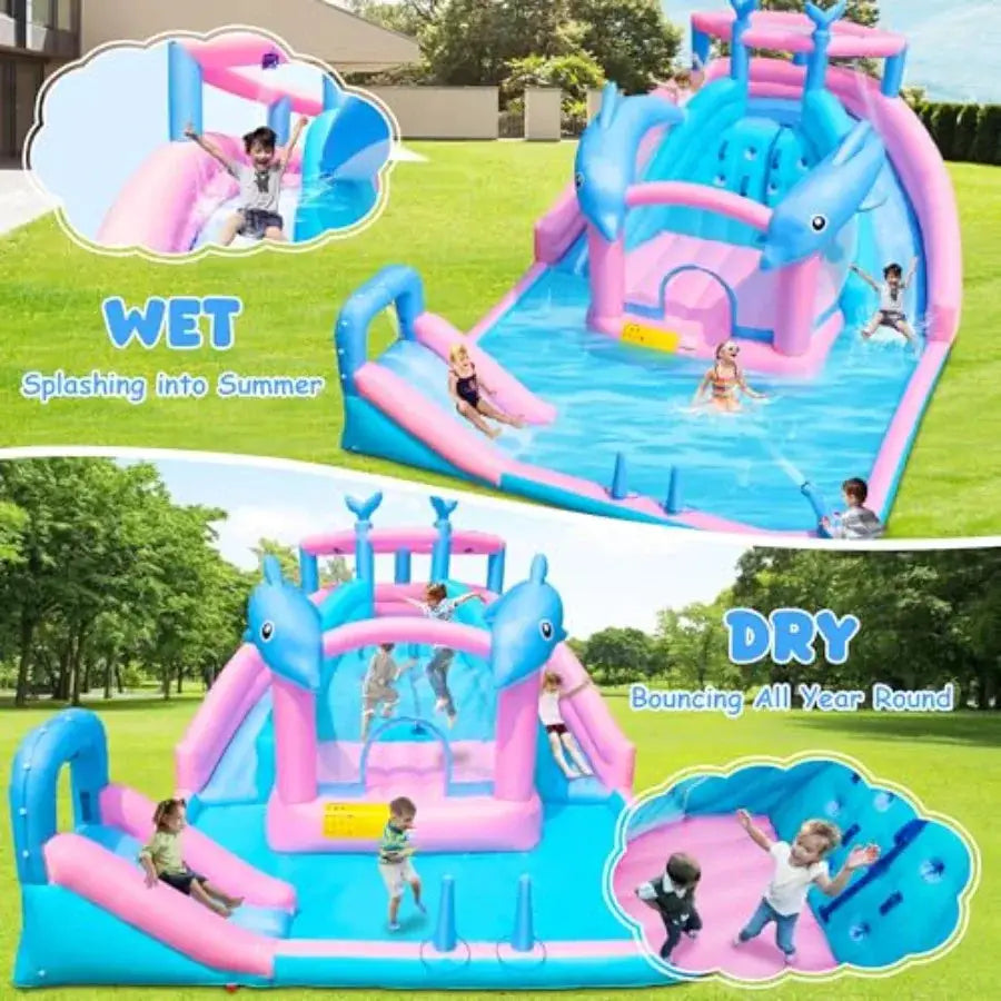 Inflatable Water Slide Dolphin Bounce House for 3-12 Blue Water Park with Blower Splash Pool Climbing Wall Water Cannon Bouncy from PriceLows™