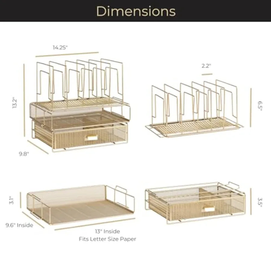 Desk Organizer Set | Gold Finish | 3 Stackable Trays With Drawer | One Size