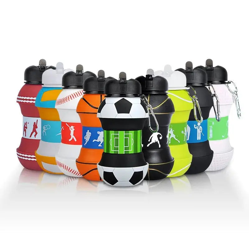 Silicone Collapsible Ball Water Bottle with Climbing Buckle, Drop and Leak Proof Outdoor Sports Mug, Black & White Soccer Style from PriceLows™