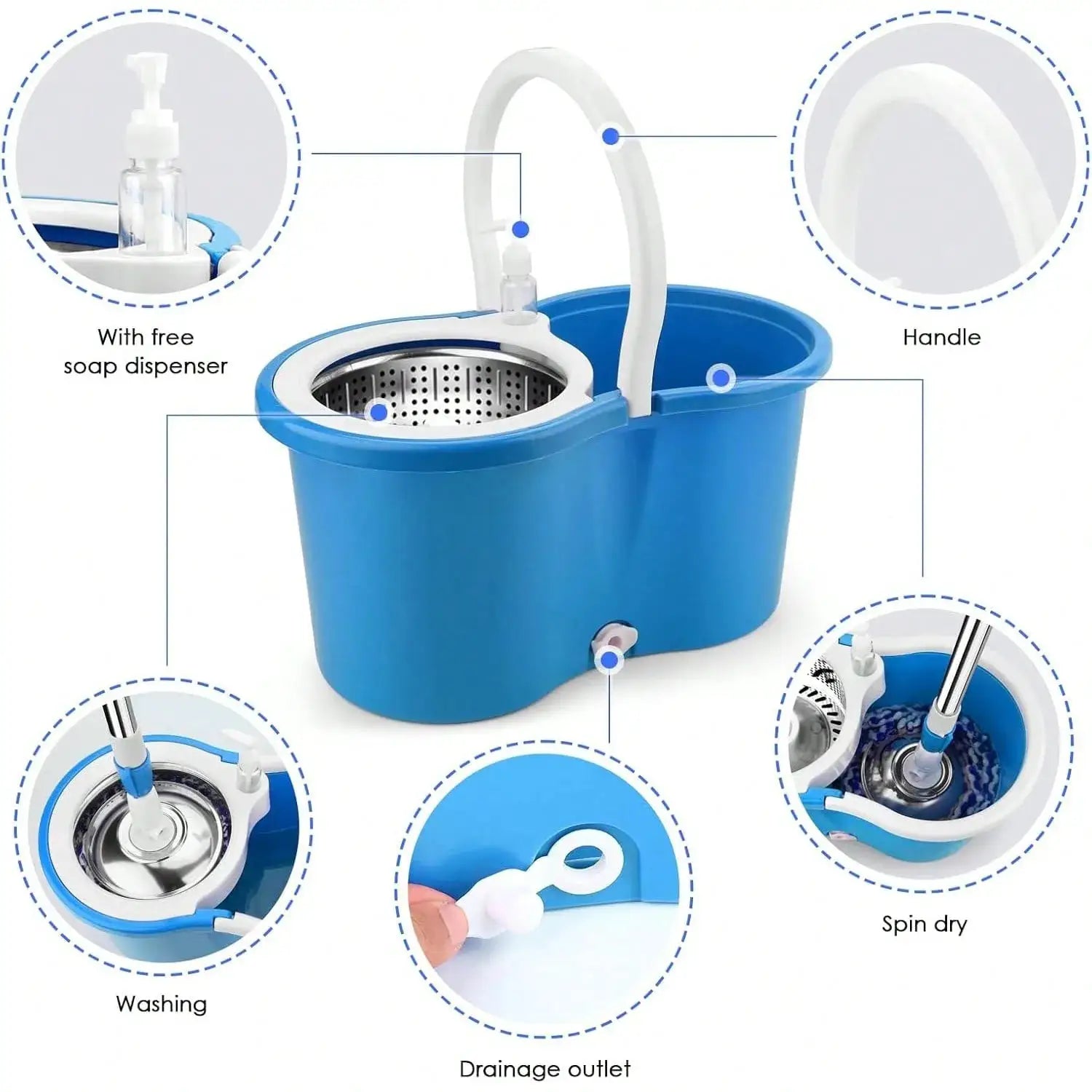 Spin Mop Bucket Set with Soap Dispenser 360°Rotating 2 Microfiber Heads 61" Adjustable Stainless Steel Handle 20QT Floor Cleaner from PriceLows™