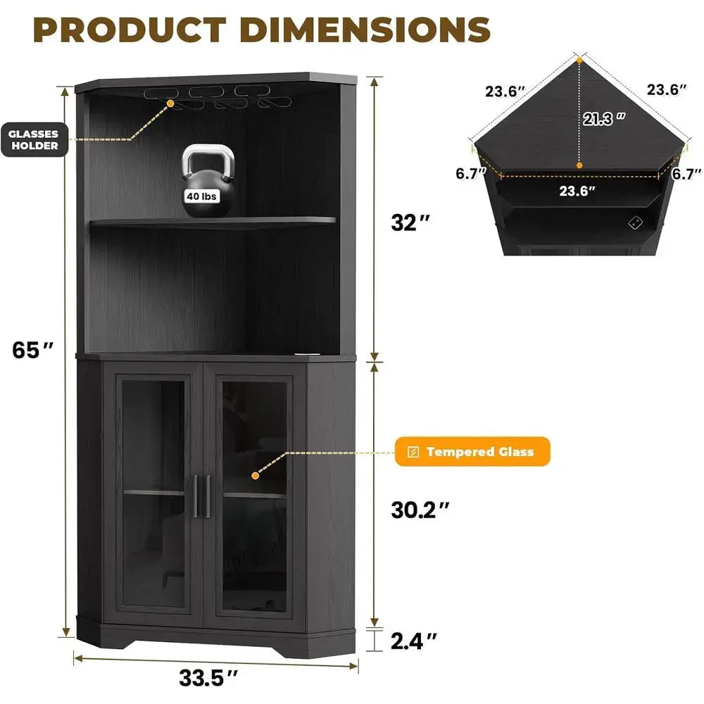 65 Tall LED-lit Wine Cabinet with Glass Holder and Tempered Glass Door for Bar or Dining Room, Black from PriceLows™