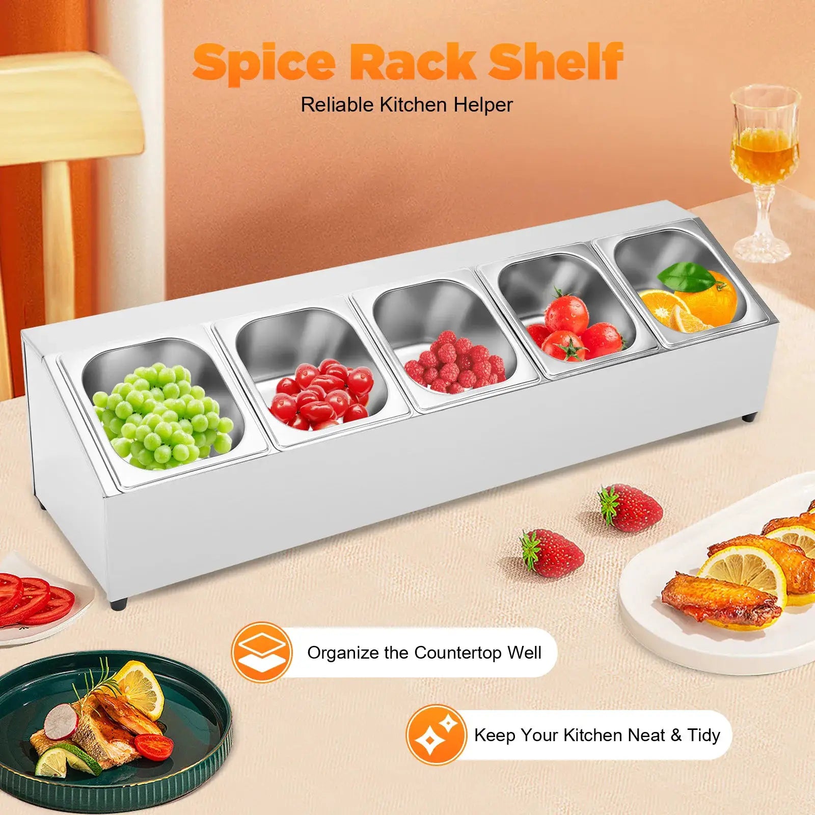 Spice Rack Shelf Stainless Steel One Row with 5 Containers, Countertop Inclined Holder for Seasoning Sauce Jam Fruits Ingredient from PriceLows™