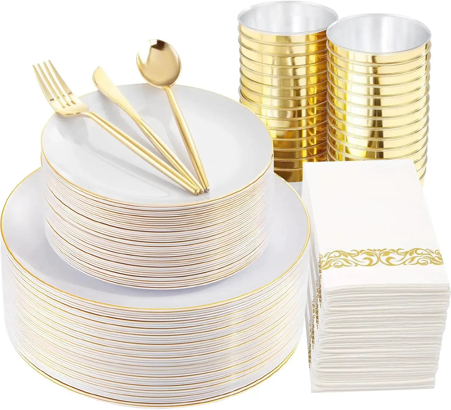 210Pcs Gold White Disposable Plastic Plates Set for Wedding Birthday Party Includes Dinner Dessert Cups Napkin Cutlery from PriceLows™