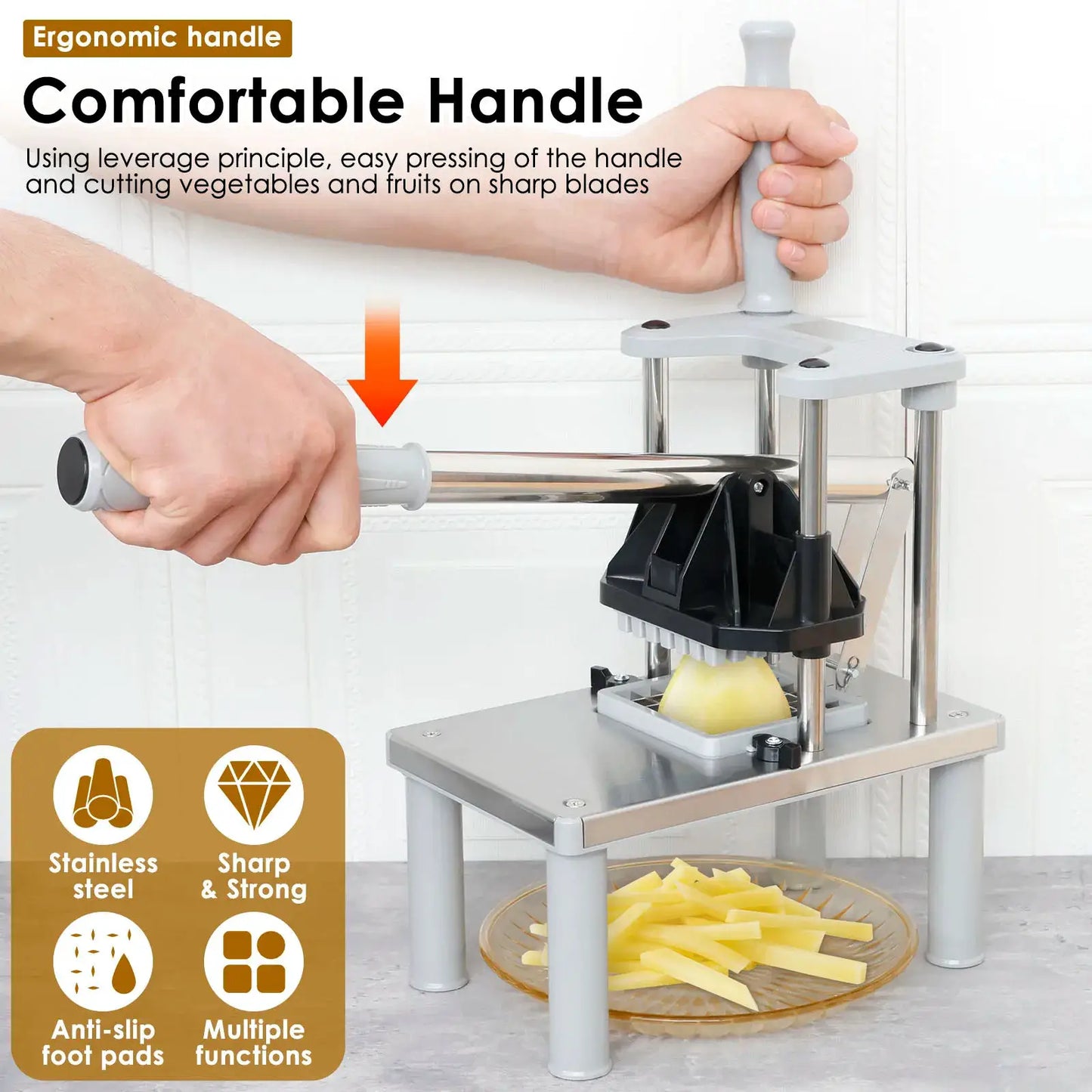 French Fry Cutter | Stainless Steel Blades | Manual | 4 Replacement Blades