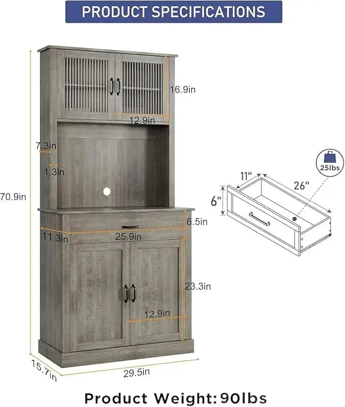 Kitchen Pantry Cabinet, 71 in Tall Kitchen Hutch Storage Cabinet with Microwave Stand, Freestanding Buffet Glass Doors for Dinin from PriceLows™