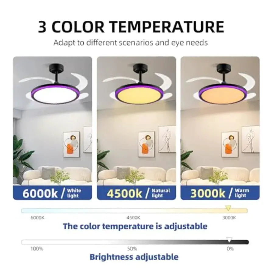 Slim Retractable Ceiling Fan with Light and APP Remote Control 42in Modern Smart RGB Ceiling Fan with Bluetooth Speaker Dimmabl from PriceLows™