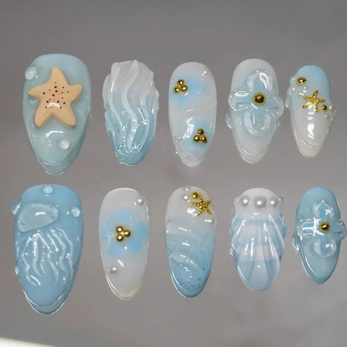 Press On Nails | 3D Seashell Design | Almond Shape | 24 Piece Set