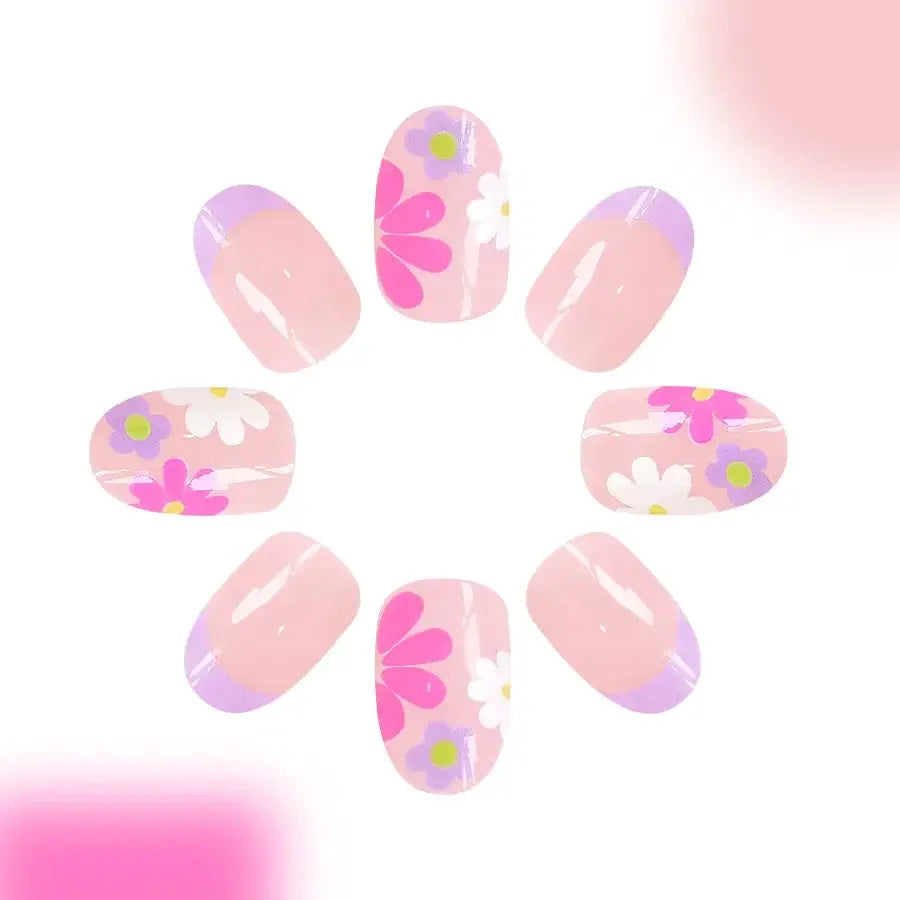 Short Almond Press On Nails | Pink Floral French | Reusable Full Cover | 24 Pcs
