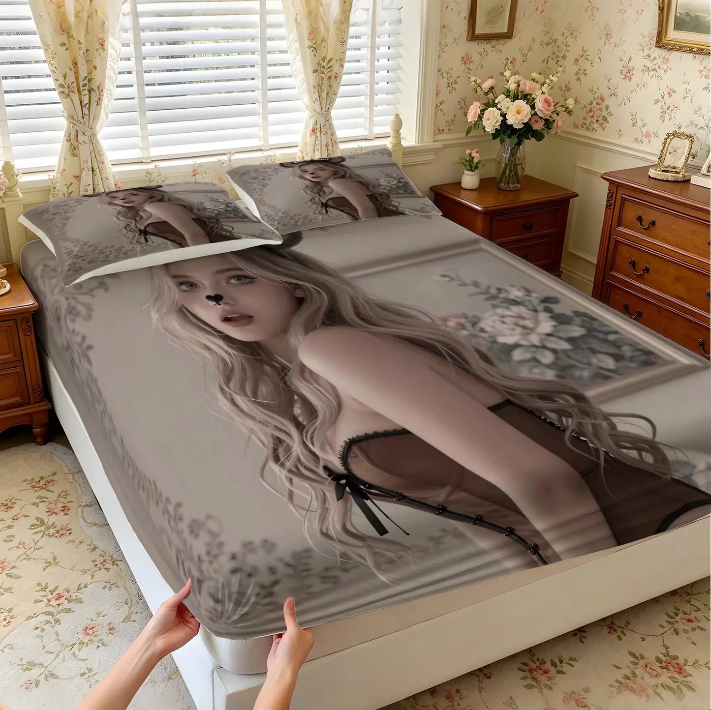 Anime Woof Woof Girl Fitted Sheet, Soft Microfiber Bed Sheet with Pillowcases, Mouse Ear Cosplay Style Mattress Cover for Teens from PriceLows™