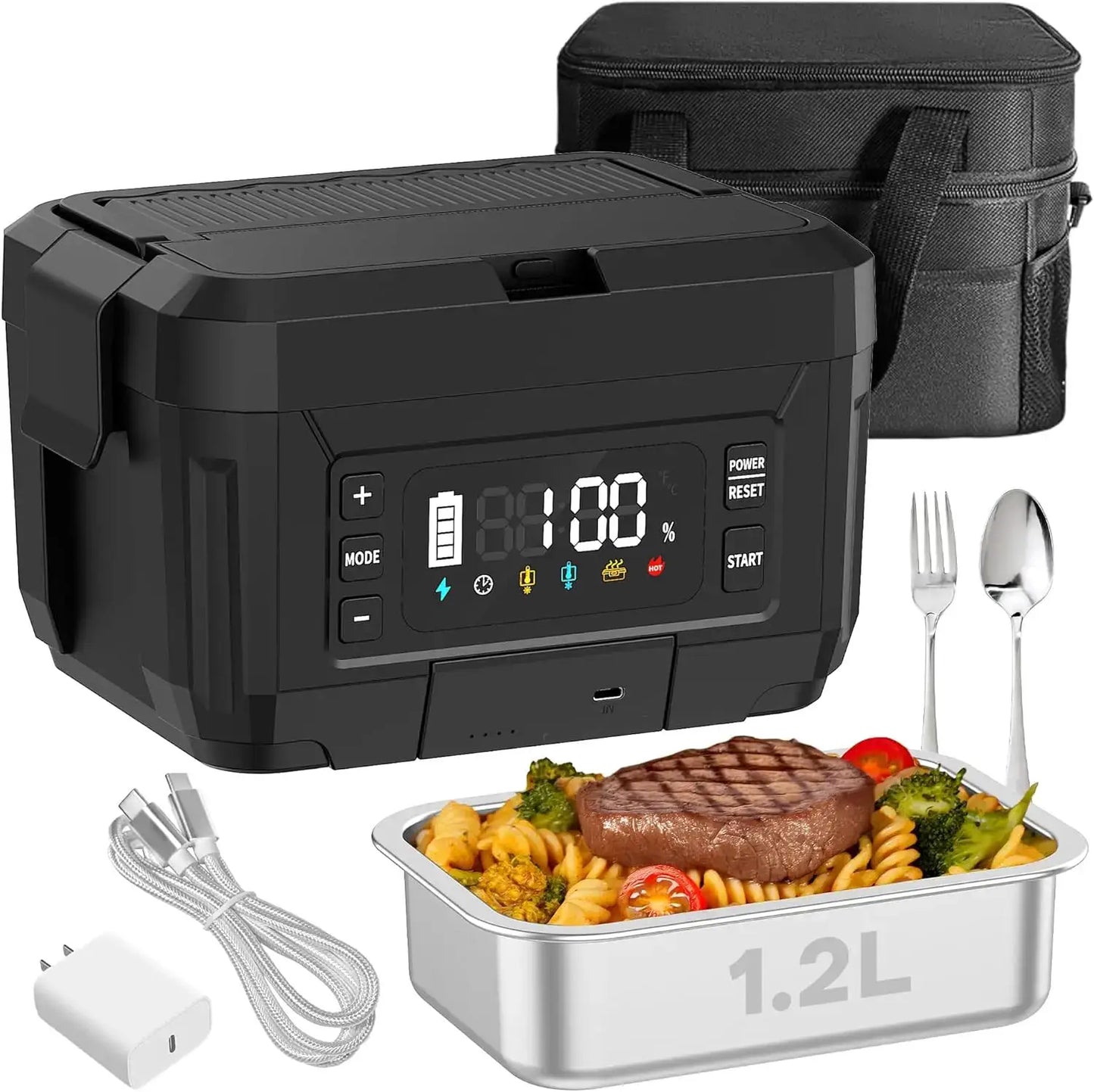 1.2L Self-Heating Lunch Box with 20000mAh Battery, Cordless Portable Food Warmer for Work Travel Office from PriceLows™