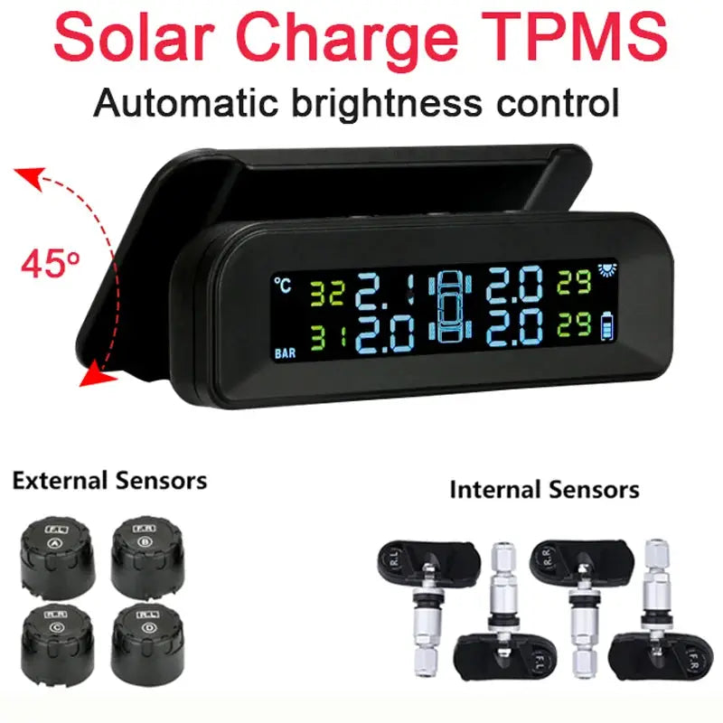 Smart car TPMS tire pressure monitoring system solar digital clock LCD display car tire pressure temperature safety alarm system from PriceLows™