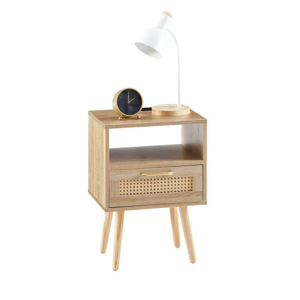15.75" Rattan End table with Power Outlet & USB Ports , Modern nightstand with drawer and solid wood legs, side table for livin from PriceLows™