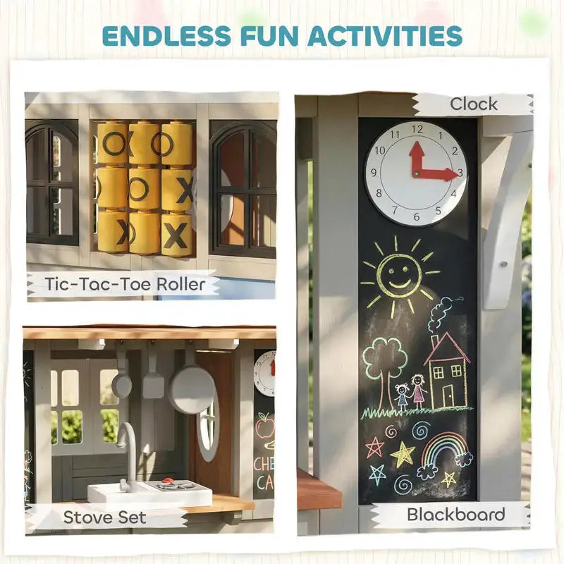 Qaba Outdoor Playhouse, Wooden Kids Playhouse with Dog Door, Cookware, Blackboard, Clock, Tic-Tac-Toe Roller for Backyard from PriceLows™