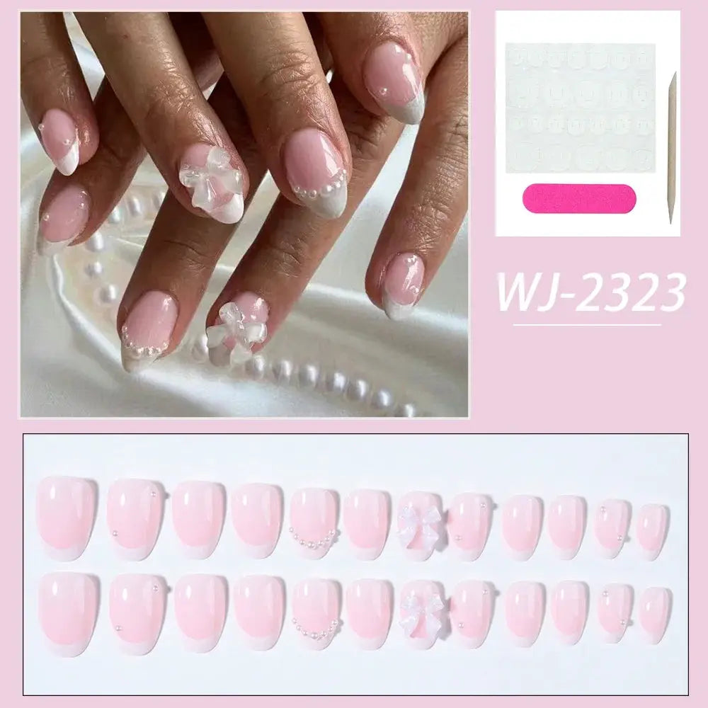 Press On Nails | Short Oval French Tip | 24 Pcs Self Adhesive | Pearl Bow