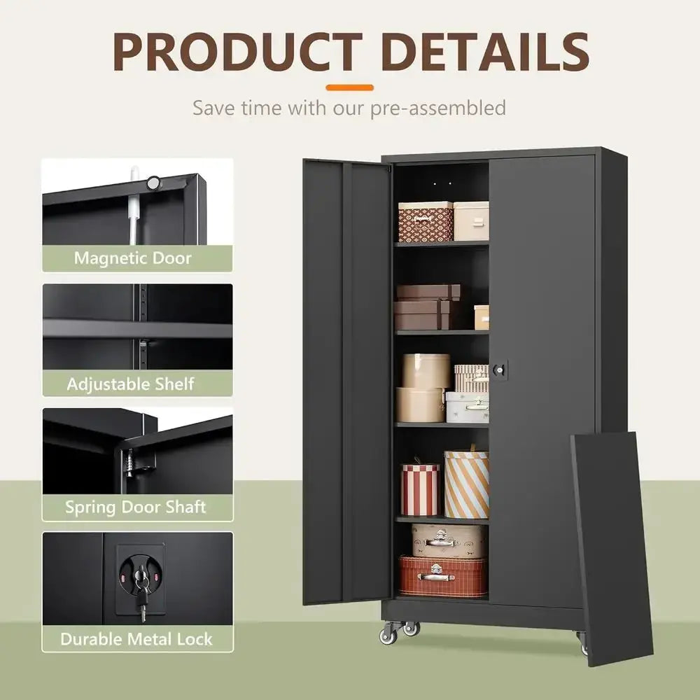 75 Tall Heavy-Duty Locking Metal Storage Cabinet with 2 Doors and 4 Adjustable Shelves for Garage or Office Use (Black) from PriceLows™
