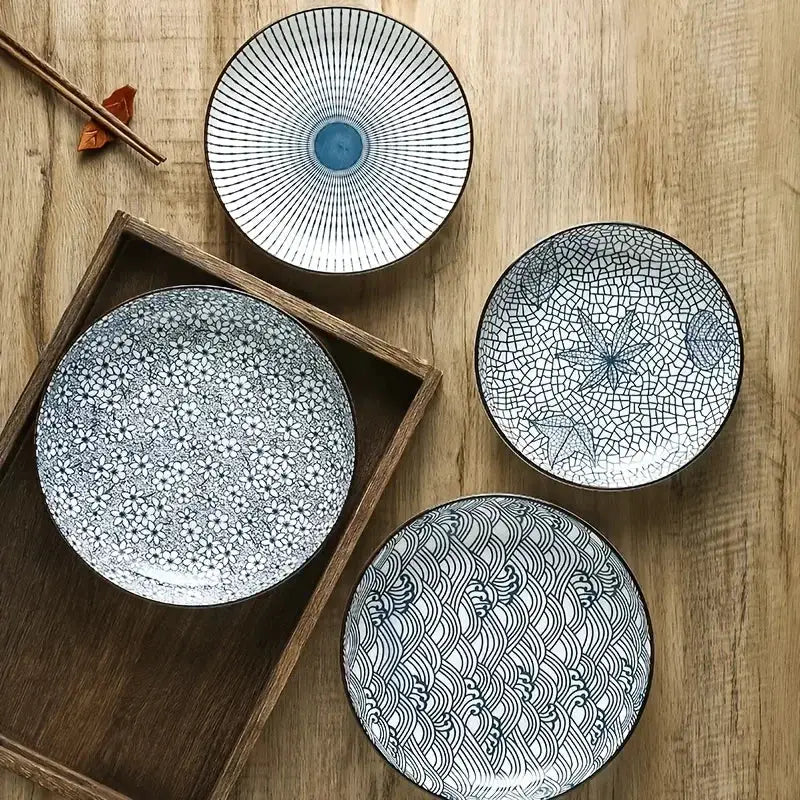 6pcs Japanese Ceramic Plates - 8-inch Round Blue & White Dinnerware, Heat-Resistant Microwave & Dishwasher Safe Suitable for Salads, Sushi, Pasta, Desserts, Elegant Suitable for Home Kitchen or Restaurant Use from PriceLows™