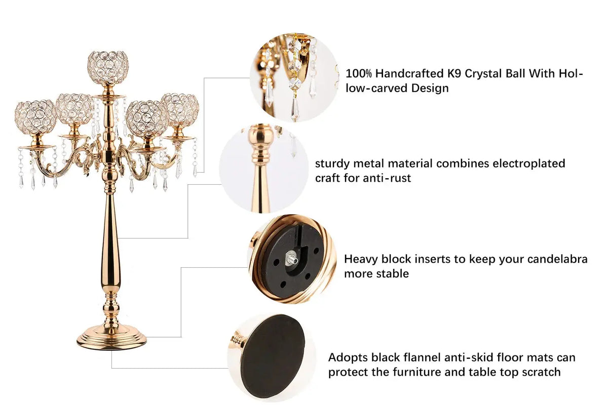 Candelabra | 5 Arm | Gold Metal And Crystal | Table Centerpiece