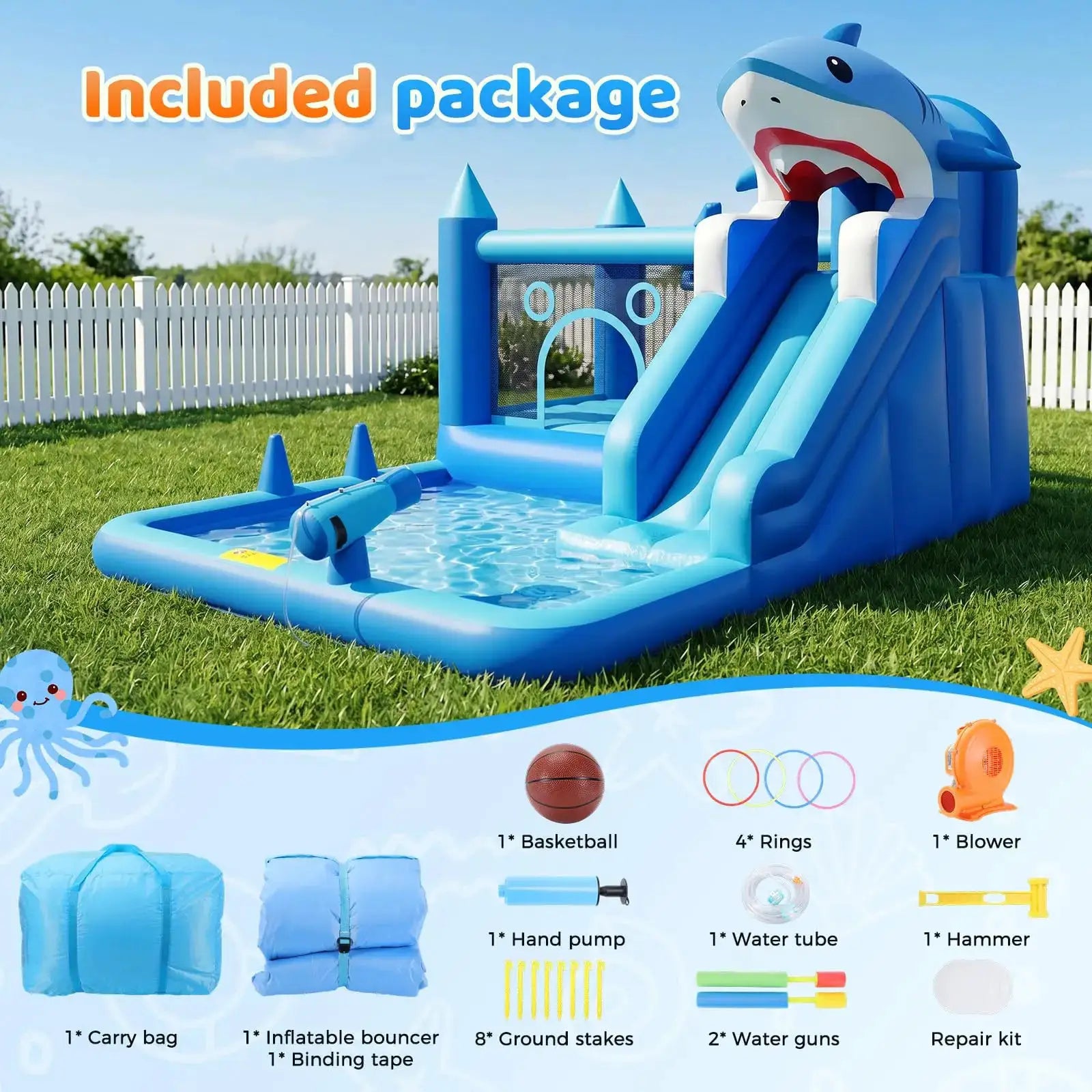 Shark Inflatable Water Park Bounce House With Slide & Blower, Splash Pool, Climbing Wall, Water Cannon, Hoop For Backyard Kids from PriceLows™