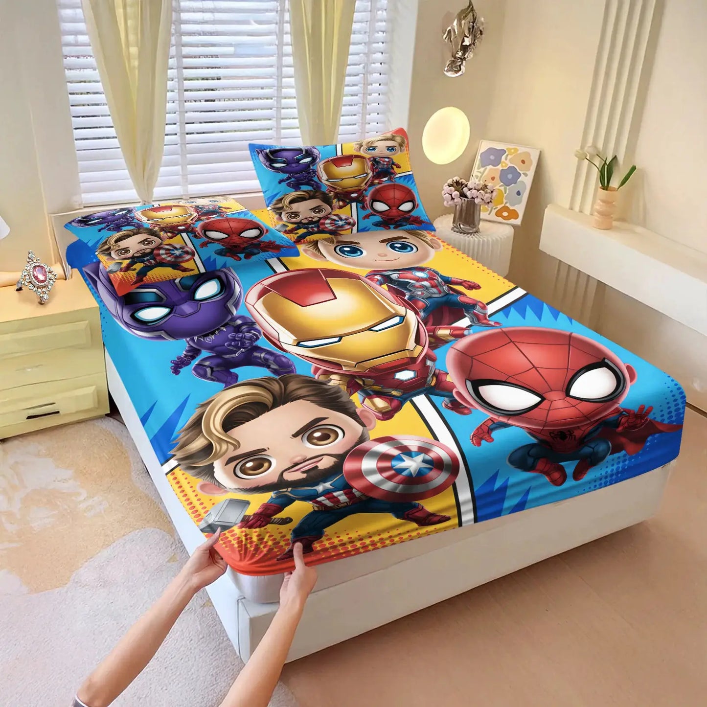 3Pcs Chibi Marvel Fitted Sheet Set with Pillowcases, Soft Deep Pocket Cartoon Print Mattress Cover for Kids Boys Girls Bedroom from PriceLows™