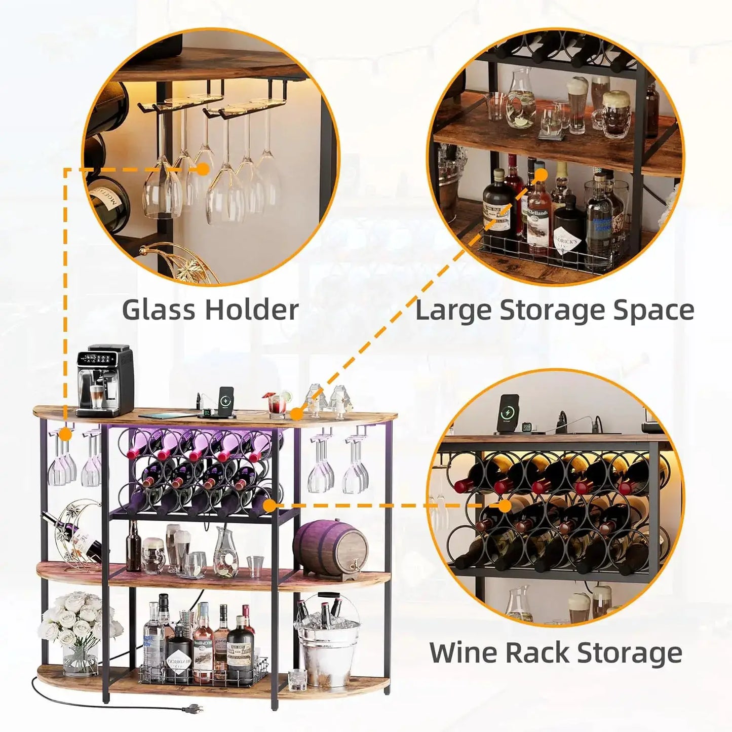 Wine Bar Cabinet with LED Lights and Power Outlets, Freestanding Liquor Cabinet Table with Glass Holder Wine Rack for Home Kitchen Dining Room from PriceLows™